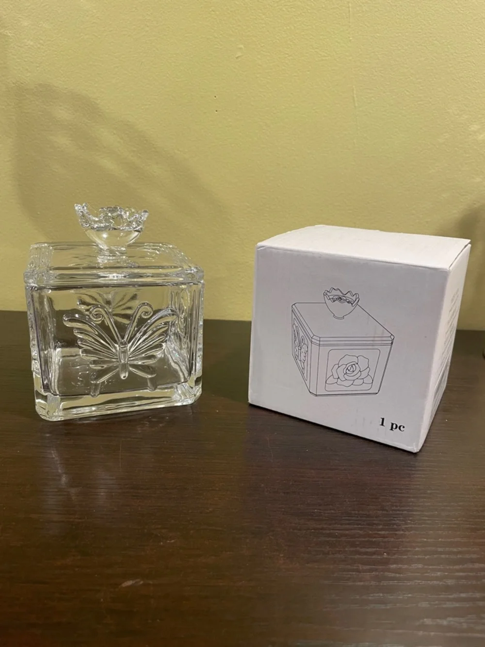 Clear Glass Rose and Butterfly Embossed Square Jar with Floral Lid